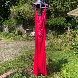 Hot pink velvet spaghetti strap gown